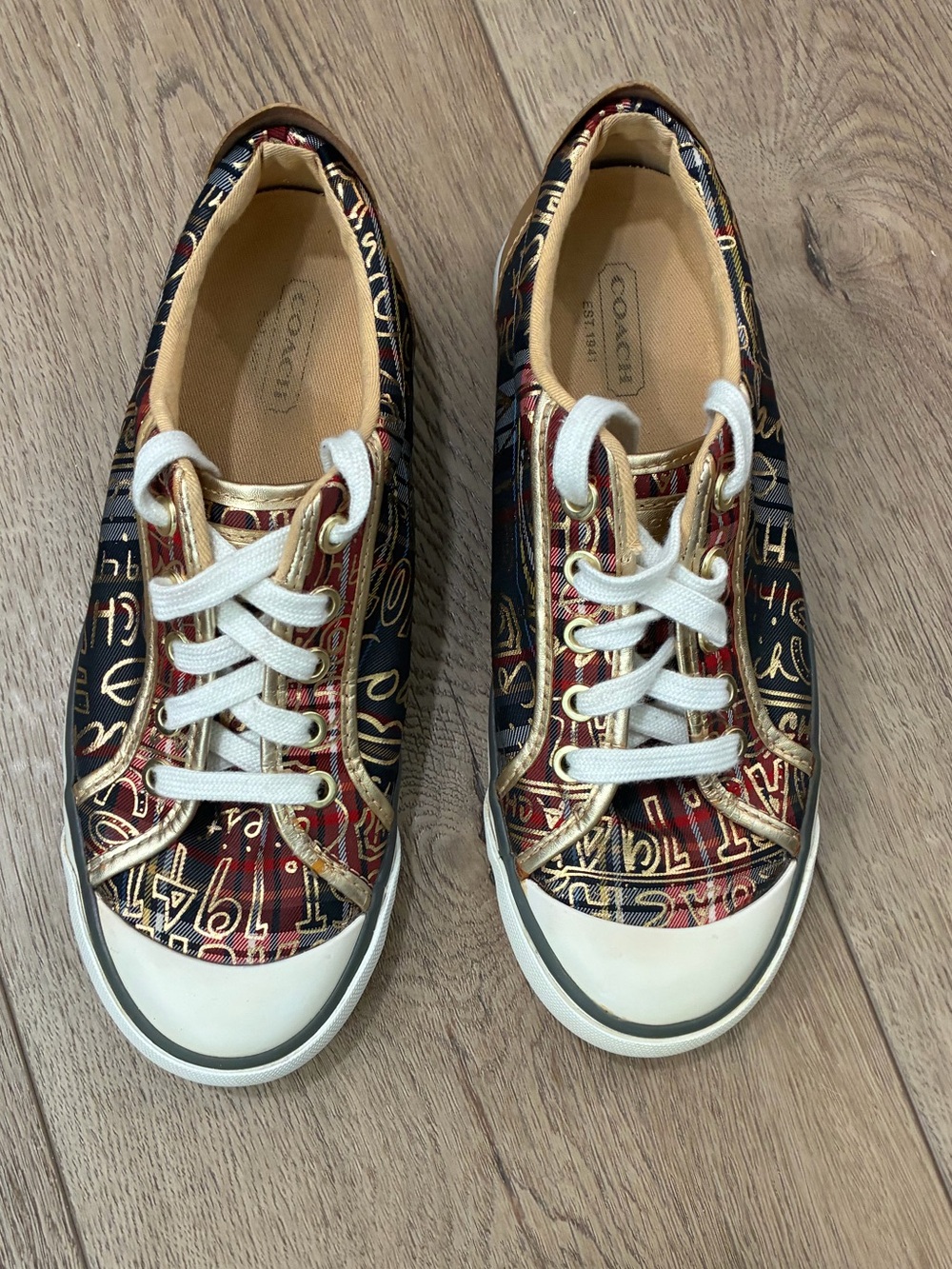 Coach Barrett plaid graffiti gold metallic low top sneakers